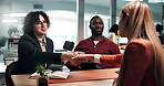 Shaking hands, interview and business people with tablet in office for recruitment process and notes. Handshake, onboarding and person with HR panel for meeting with job offer, agreement and hiring