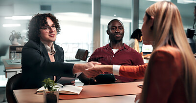 Buy stock photo Shaking hands, interview and business people with tablet in office for recruitment process and notes. Handshake, onboarding and person with HR panel for meeting with job offer, agreement and hiring