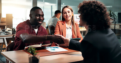 Buy stock photo Shaking hands, recruitment and business people with tablet in office for interview process or notes. Handshake, onboarding and documents with happy HR panel for meeting, job offer or hiring with tech