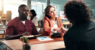 Buy stock photo Shaking hands, onboarding and business people with tablet in office for interview process and notes. Handshake, recruitment and documents with HR panel for meeting with job offer agreement for hiring