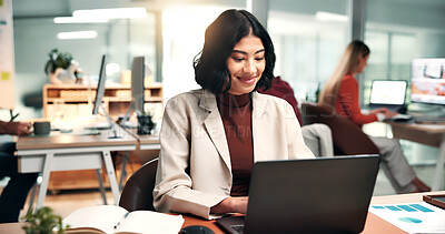 Buy stock photo Happy, woman and research in office with laptop, marketing insight or satisfied for web traffic data. Coworking, person and smile with computer for ad campaign performance, graphs and stats goals.