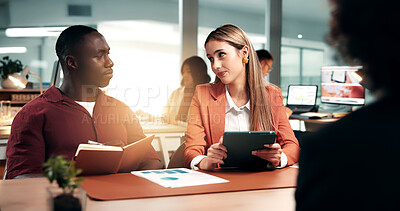 Buy stock photo Tablet, interview and business people with candidate in office with notebook for recruitment process. Document, onboarding and applicant with HR panel for meeting with job offer, agreement and tech