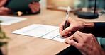 People, hands and signature at meeting with contract, recruitment success or hiring form for new job. Onboarding, team and man sign paperwork in office with agreement, employment and code of conduct.