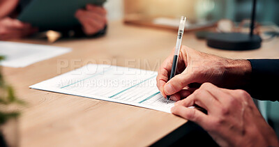 Buy stock photo People, hands and signature at meeting with contract, recruitment success or hiring form for new job. Onboarding, team and man sign paperwork in office with agreement, employment and code of conduct.