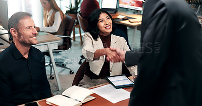 Buy stock photo Handshake, recruitment and business people with tablet in office for interview process and notes. Shaking hands, onboarding and documents with HR panel in meeting for job offer, hiring or tech screen