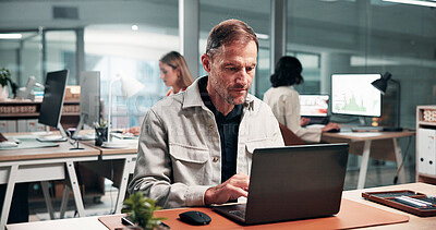 Buy stock photo Businessman, typing and research in office with laptop,  stock market data and investment evaluation. Coworking, mature person and reading with computer for online trading, graphs and stats analysis.