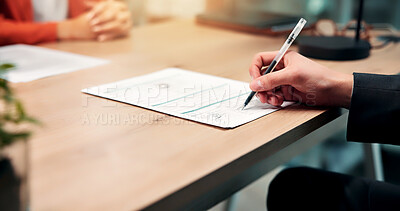 Buy stock photo Man, hands and signature at meeting with contract, recruitment success and hiring form for new job. Onboarding, team and sign paperwork in office with agreement, employment offer and code of conduct.