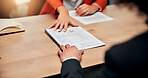 Employer, contract and job candidate hands in meeting with recruitment, paperwork or code of conduct. People, onboarding or applicant in business with document, hiring offer or employment opportunity