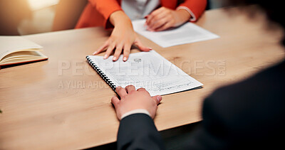 Buy stock photo Employer, contract and job candidate hands in meeting with recruitment, paperwork or code of conduct. People, onboarding or applicant in business with document, hiring offer or employment opportunity