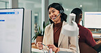 Call center, computer and woman in agency with headset, customer care or helpline in tech support. Coworking, happy or remote agent with mic, CRM service or online inquiry with system assistance.