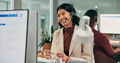 Buy stock photo Call center, computer and woman in agency with headset, customer care or helpline in tech support. Coworking, happy or remote agent with mic, CRM service or online inquiry with system assistance.