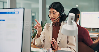 Buy stock photo Call center, computer and woman in office with mic, customer care or helpline in tech support. Coworking, headset or remote agent with reading, CRM service or online inquiry with system assistance.