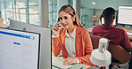 Call center, computer and happy woman in office with mic, customer care or helpline in tech support. Coworking, headset or remote agent with review, CRM service or online inquiry in system assistance