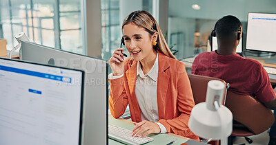 Buy stock photo Call center, computer and happy woman in office with mic, customer care or helpline in tech support. Coworking, headset or remote agent with review, CRM service or online inquiry in system assistance
