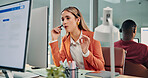 Call center, computer and agent in office with mic, customer care or helpline in tech support. Coworking, headset or woman in agency with review, CRM service or online inquiry with system assistance.