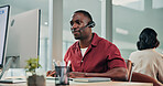 Call center, computer and man in office with headset, customer care or helpline in tech support. Coworking, mic or helpdesk agent with review, CRM service or online inquiry with system assistance.