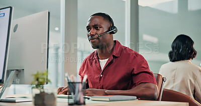 Buy stock photo Call center, computer and man in office with headset, customer care or helpline in tech support. Coworking, mic or helpdesk agent with review, CRM service or online inquiry with system assistance.