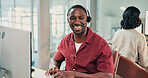 Call center, headset and man in office with portrait, customer care and confidence in tech support. Coworking, mic and happy agent with computer, CRM service and about us in online assistance.