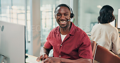 Buy stock photo Call center, headset and man in portrait with computer, customer care or confidence in tech support. Coworking, mic and happy consultant with PC, CRM service and about us in online assistance.