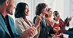 Seminar, applause and people with team, laughing and happy for training session success in business. Conference, meeting and audience with smile, celebration and clapping for presentation achievement