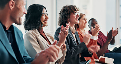 Buy stock photo Seminar, applause and people with team, laughing and happy for training session success in business. Conference, meeting and audience with smile, celebration and clapping for presentation achievement