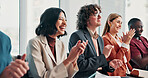 Presentation, applause and happy people with team in seminar, listening or training session success. Corporate, meeting and audience with smile, celebration and clapping for achievement in conference