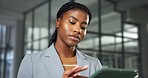 Review, reading or broker in office with tablet, virtual tour or seller email on property valuation. Digital, black woman or realtor with tech, listing browse or client feedback on asset investment.