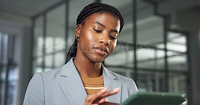 Buy stock photo Review, reading or broker in office with tablet, virtual tour or seller email on property valuation. Digital, black woman or realtor with tech, listing browse or client feedback on asset investment.