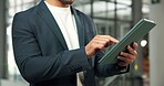 Review, broker or hands in office with tablet, listing browse or seller email on property valuation. Digital, man or realtor in agency with tech, virtual tour or client feedback on asset investment.