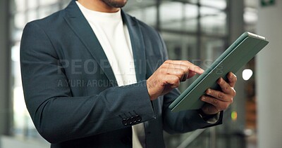 Buy stock photo Review, broker or hands in office with tablet, listing browse or seller email on property valuation. Digital, man or realtor in agency with tech, virtual tour or client feedback on asset investment.