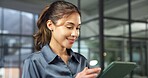 Review, smile or broker in office with tablet, listing browse or seller email on property valuation. Space, woman or real estate agent with tech, virtual tour or client feedback on asset investment.
