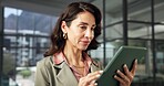 Review, smile or broker in office with tablet, listing browse or seller email on property valuation. Reading, mature woman and realtor with tech, virtual tour and client feedback on asset investment.