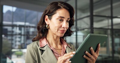 Buy stock photo Review, smile or broker in office with tablet, listing browse or seller email on property valuation. Reading, mature woman and realtor with tech, virtual tour and client feedback on asset investment.