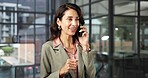 Phone call, smile and mature woman in agency with chat, brand feedback and contact on creative pitch. Space, happy or campaign advisor with tech, ads briefing or client response on marketing proposal