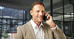 Phone call, smile and mature man in agency with chat, brand feedback and contact on creative pitch. Digital, happy or campaign advisor with tech, ads briefing or client response on marketing proposal
