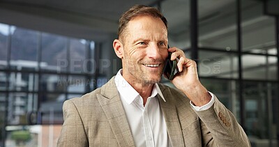 Buy stock photo Phone call, smile and mature man in agency with chat, brand feedback and contact on creative pitch. Digital, happy or campaign advisor with tech, ads briefing or client response on marketing proposal