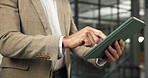 Review, realtor or hands in office with tablet, listing browse or seller email on property valuation. Digital, man or broker with tech, virtual development tour or client feedback on asset investment