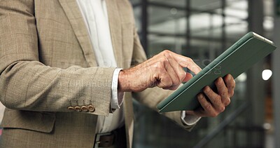 Buy stock photo Review, realtor or hands in office with tablet, listing browse or seller email on property valuation. Digital, man or broker with tech, virtual development tour or client feedback on asset investment