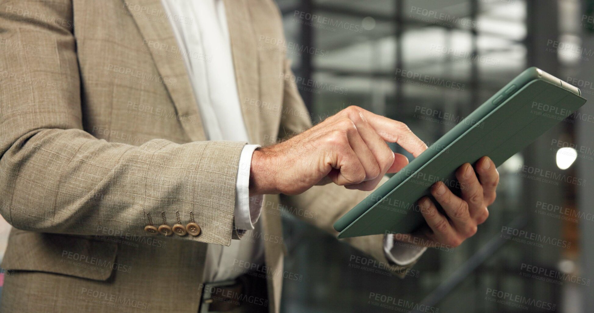Buy stock photo Review, realtor or hands in office with tablet, listing browse or seller email on property valuation. Digital, man or broker with tech, virtual development tour or client feedback on asset investment