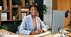 Sustainable, portrait or black woman in office with  computer, esg advisor or about us in eco startup. Happy, ambition or csr consultant with tech, compliance service or confidence in green business.