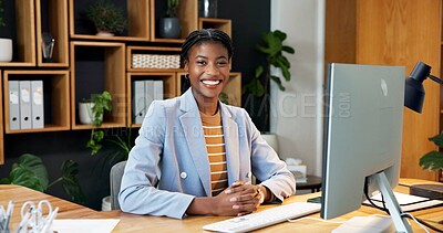 Buy stock photo Sustainable, portrait or black woman in office with  computer, esg advisor or about us in eco startup. Happy, ambition or csr consultant with tech, compliance service or confidence in green business.