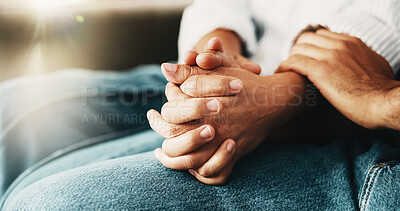 Buy stock photo Couple, comfort and holding hands with partner, care and relationship commitment on break or bonding. Marriage, loyalty and support for spouse with physical touch, people and solidarity for love