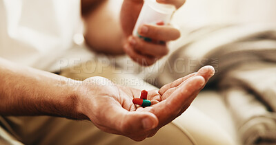 Buy stock photo Man, hands and pills with container for medical treatment, prescription drugs and cure for recovery. Person, wellness and capsule medicine for vitamins, supplements and healing from health condition.