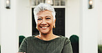 Portrait, outdoor and senior woman by new home, property purchase and retirement house. Happy, real estate and person in yard for mortgage, residential investment and relocation to neighborhood