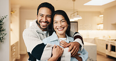 Buy stock photo Happy couple, portrait and hug in kitchen, care and relax with partner on break or marriage loyalty. People, embrace and connection with spouse, love and smile for relationship commitment in house