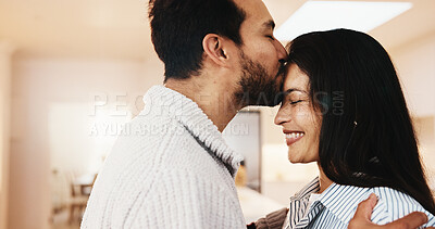 Buy stock photo Forehead, kiss and happy couple in home, trust and bonding with partner on break or marriage loyalty. People, love and connection with spouse, relationship commitment and relax with smile on weekend