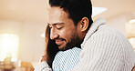 Couple, hug and love in home, smile and connection with partner on break or relationship commitment. Happy people, embrace and affection for spouse,  bonding and marriage loyalty in house and care