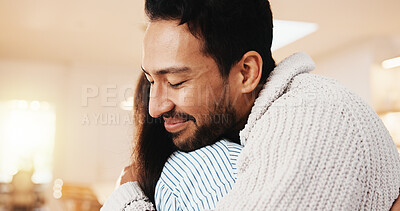 Buy stock photo Couple, hug and love in home, smile and connection with partner on break or relationship commitment. Happy people, embrace and affection for spouse,  bonding and marriage loyalty in house and care