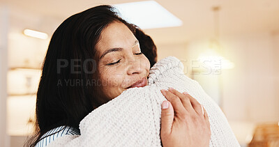 Buy stock photo Happy couple, hug and love in home, trust and connection with partner on break and marriage loyalty. People, embrace and bonding with spouse, relationship commitment and relax with smile on weekend