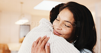 Buy stock photo Happy couple, hug and love in home, relax and connection with partner on break and marriage loyalty. People, embrace and affection for spouse, relationship commitment and bonding with smile in house